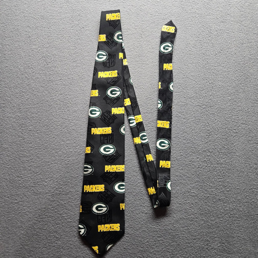 Team NFL Green Bay Packers Mens Necktie Black Logo Print Silk Feel Football Tie
